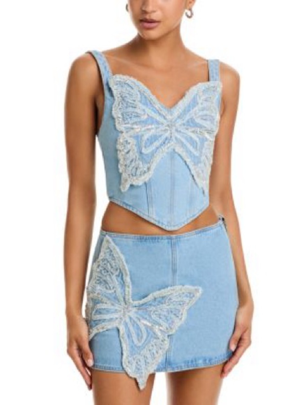 PatBO Light Blue Denim Butterfly Appliqué Corset Crop Top and skort set